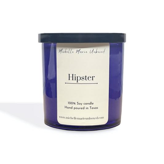Purple candle Hipster with a white label on a white background